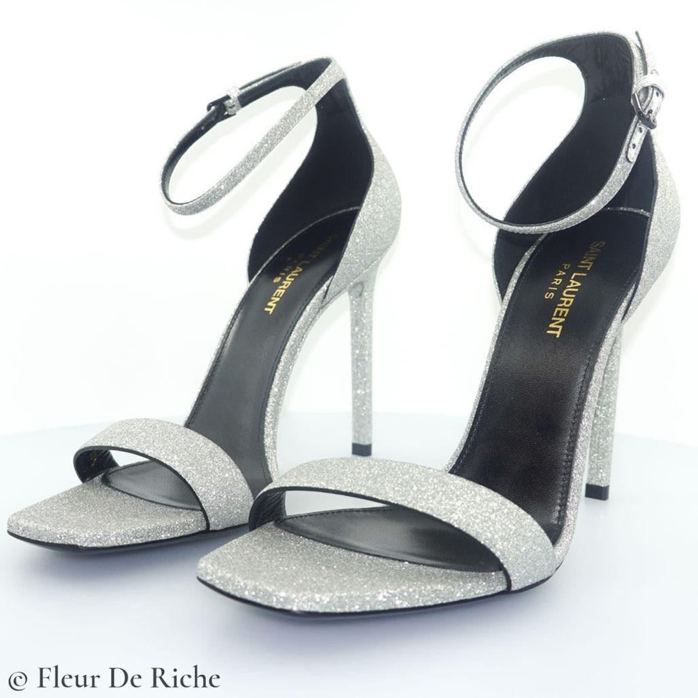 YSL Saint Laurent Women's Amber 105 Glitter Sandals in Silver US 9.5